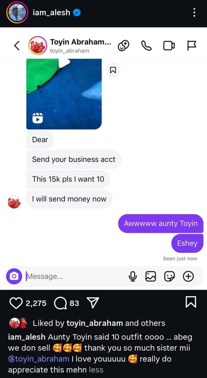 Toyin Abraham's Generous Investment Gives Fellow Actor Alesh Sanni's Business a Boost


"A Friend Indeed!" - How Toyin Abraham Backed Alesh Sanni's Business Dreams


Nollywood's Toyin Abraham Wins Hearts After Supporting Alesh Sanni's Venture