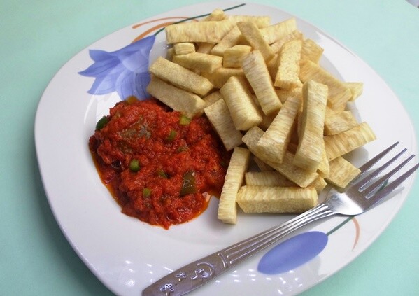 Hearty African Breakfast: Plantains and Potatoes in Rich Tomato Sauce