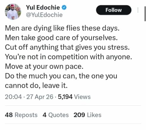 Yul Edochie Urges Men to Prioritize Mental Health Amid Rising Male Death Rates