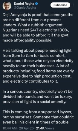 Daniel Regha Claps Back at Deji Adeyanju Over Controversial "Nigerians Don’t Need 24-Hour Light" Remark