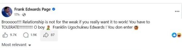 Frank Edwards Sparks Marriage Rumors with New Relationship Post