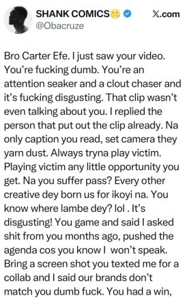 Shank Blasts Carter Efe Over “You Didn’t Have To Lie” Claims