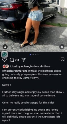 Sarah Martins Addresses Marriage Shamers: “Marriage Is Not By Force”