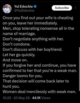 Yul Edochie Advises Married Men: Never Negotiate Cheating