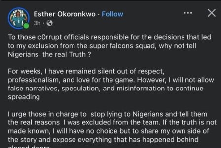 Esther Okoronkwo Calls Out NFF: “Tell Nigerians the Real Reason I Was Dropped”