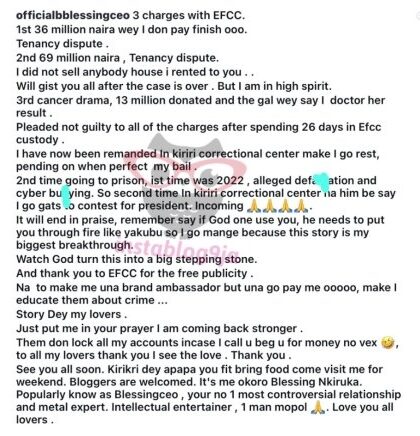 “Watch God Turn This Around”: Blessing CEO Grateful to EFCC for ‘Free Publicity’ After Remand
