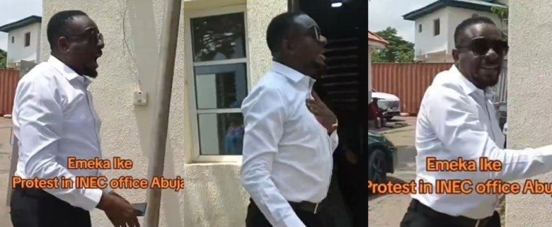 Emeka Ike Protests at INEC Office Over NDC Primary Loss in Abuja Municipal Area Council