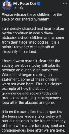 Peter Obi Urges Kidnappers to Release Children for Humanity’s Sake