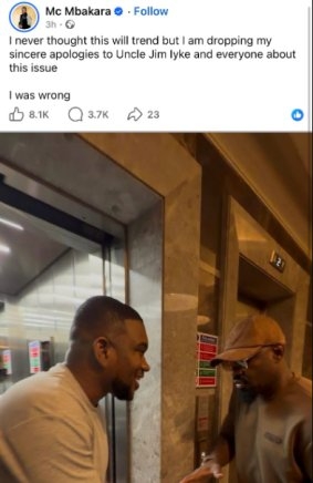 MC Mbakara Apologizes to Jim Iyke After Viral Elevator Encounter Sparks Online Buzz