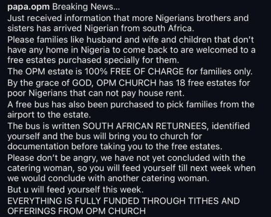 Apostle Chibuzor Offers Free Accommodation and Logistics Support for Nigerians Returning from South Africa