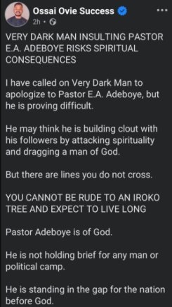 Ossai Success Demands Apology from VeryDarkMan Over Pastor Adeboye Comments